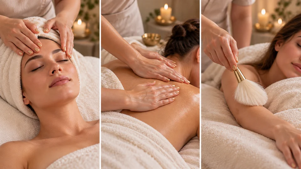 AI-created collage of forehead massage, flowing oil shoulder massage and gentle brush touch on the arm, with gold-glitter manicures