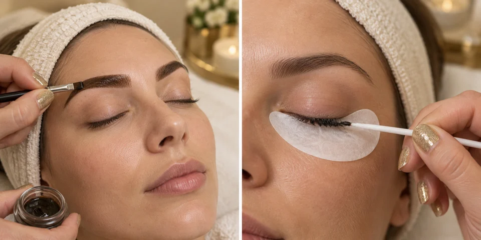 AI-created paired illustration of brown hybrid tint being applied to an eyebrow with an angled brush, and black tint being applied to natural eyelashes over a protective eye pad, with eyes closed and gold-glitter manicures