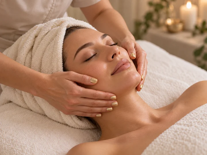 AI-created illustration of facial massage with gold-glitter manicured hands