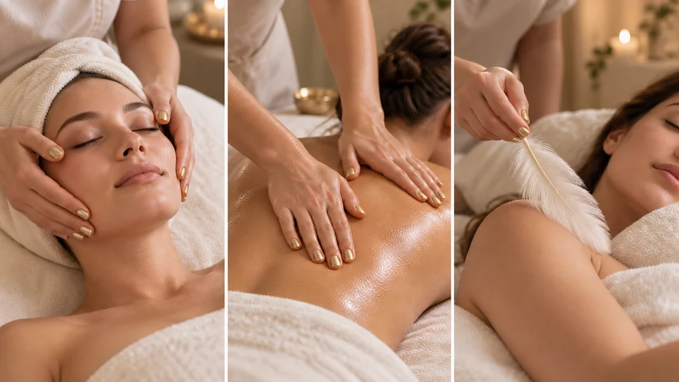 AI-created collage of facial massage, oil back massage and feather sensory relaxation