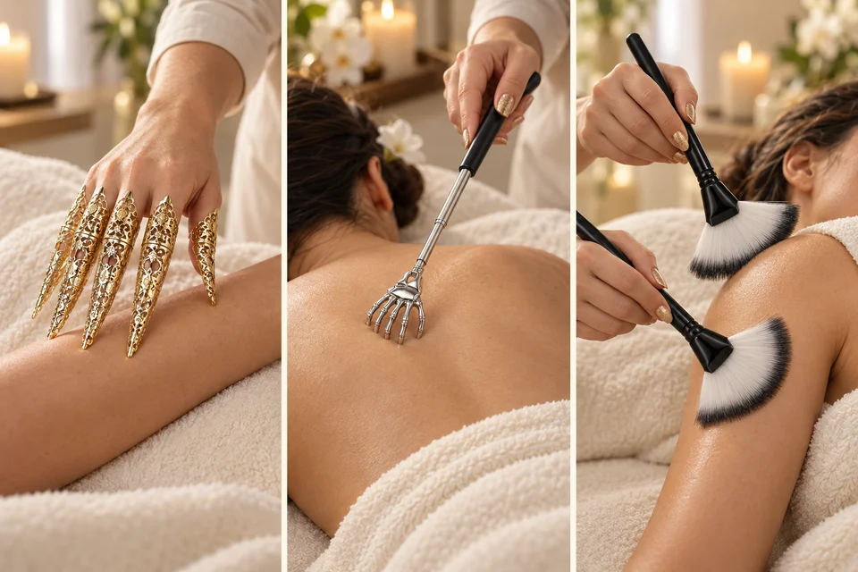 AI-created three-panel illustration showing gold filigree finger sleeves lightly tracing an arm, a silver hand-shaped sensory tool on the upper back, and black-handled fan brushes on the shoulder, with gold-glitter manicures