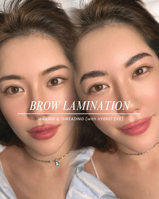 Aura Glow Brow Lamination before-and-after comparison 20. Waxing, threading and hybrid dye. Original paired photographs with Aura Glow branding.