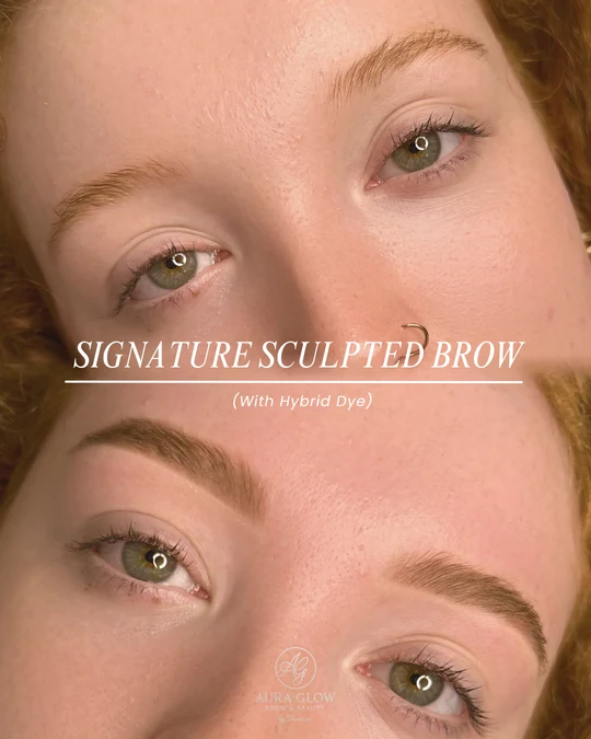 Aura Glow Signature Sculpted Brow before-and-after comparison 4. Brow sculpting with hybrid dye. Original paired photographs with Aura Glow branding.