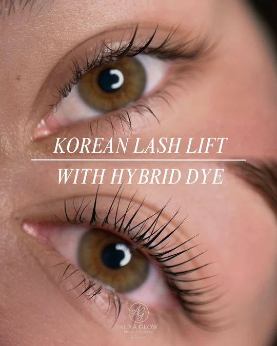 Aura Glow Korean Lash Lift before-and-after comparison 5. With hybrid dye. Original paired photographs with Aura Glow branding.