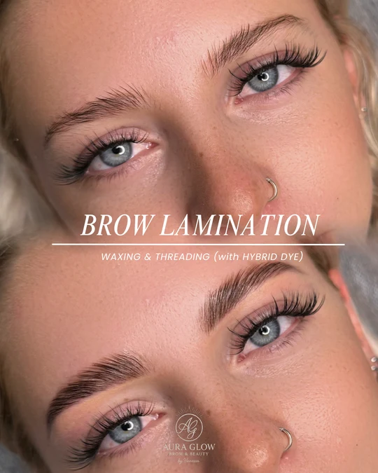 Aura Glow Brow Lamination before-and-after comparison 6. Waxing, threading and hybrid dye. Original paired photographs with Aura Glow branding.