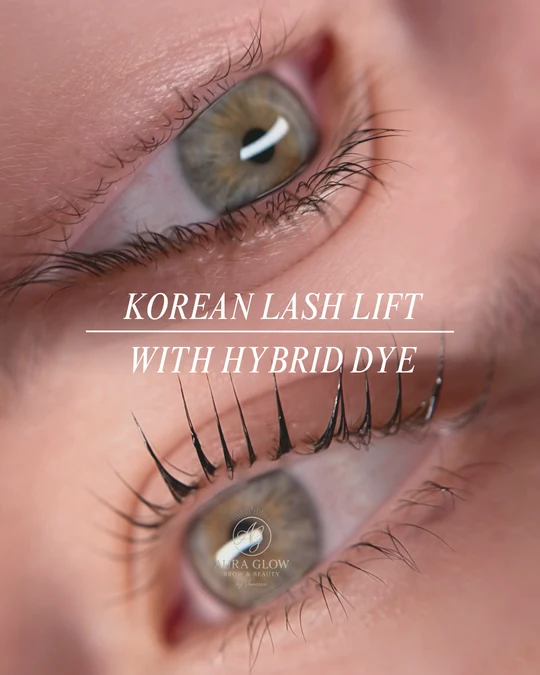 Aura Glow Korean Lash Lift before-and-after comparison 7. With hybrid dye. Original paired photographs with Aura Glow branding.